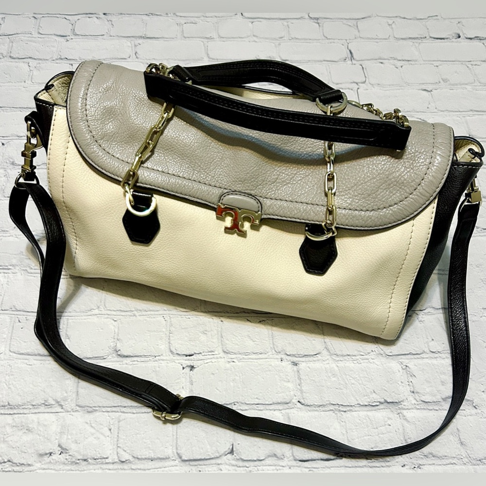 Tory Burch Color Block Leather Purse With Gold Hardware & Crossbody Strap. EUC